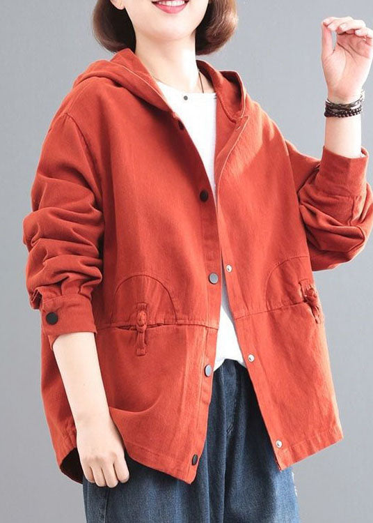 Orange Hooded Chinese Button Denim Coat Long Sleeve