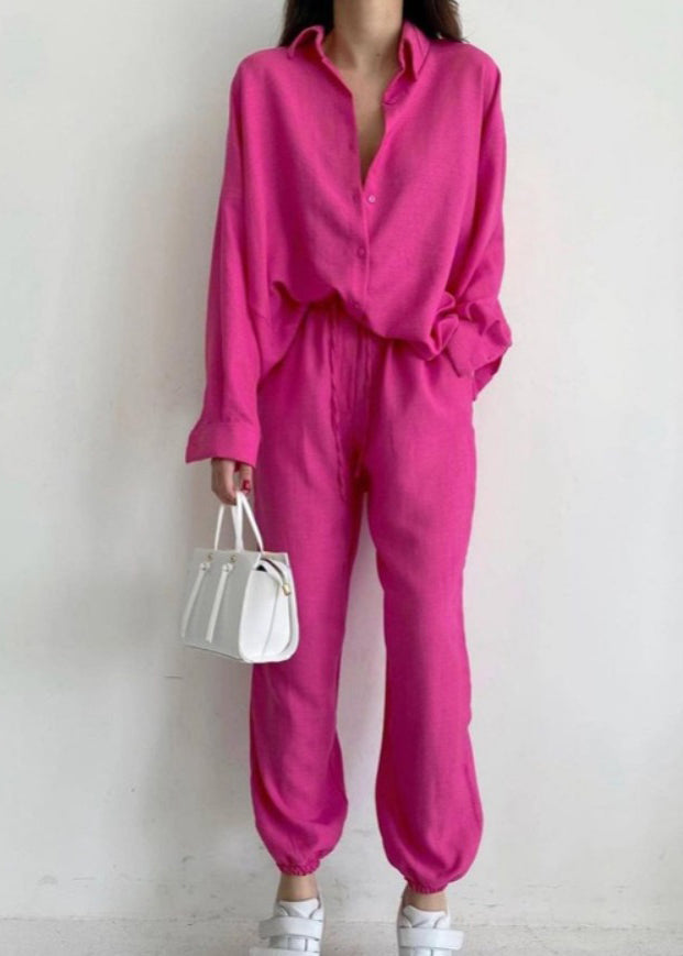 Orange Lapel Button Long Sleeve Shirt Trousers Set