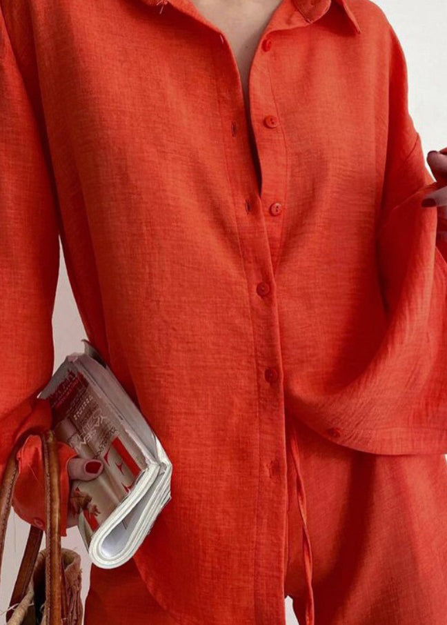 Orange Lapel Button Long Sleeve Shirt Trousers Set