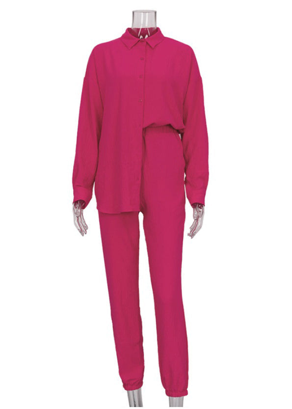 Orange Lapel Button Long Sleeve Shirt Trousers Set