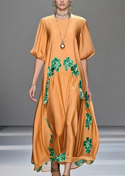 Orange Oversized Print Silk Maxi Dresses Half Sleeve