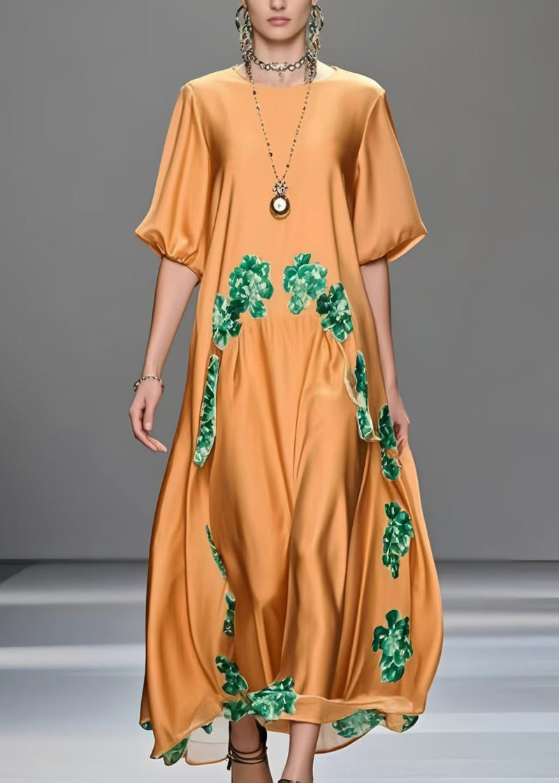 Orange Oversized Print Silk Maxi Dresses Half Sleeve