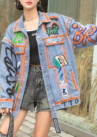 Orange Peter Pan Collar Pockets Graphic Patchwork Denim Coat Spring
