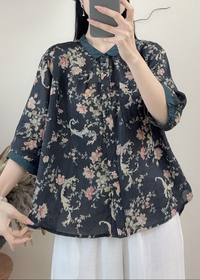 Orange Peter Pan Collar Print Linen Tops Summer