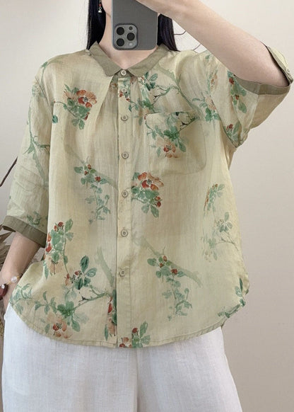 Orange Peter Pan Collar Print Linen Tops Summer