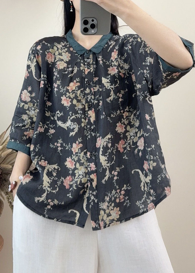 Orange Peter Pan Collar Print Linen Tops Summer