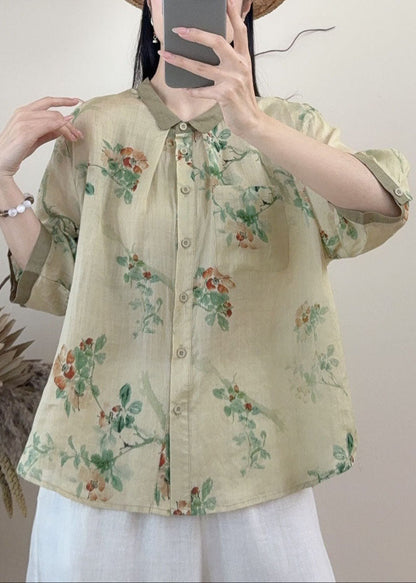Orange Peter Pan Collar Print Linen Tops Summer