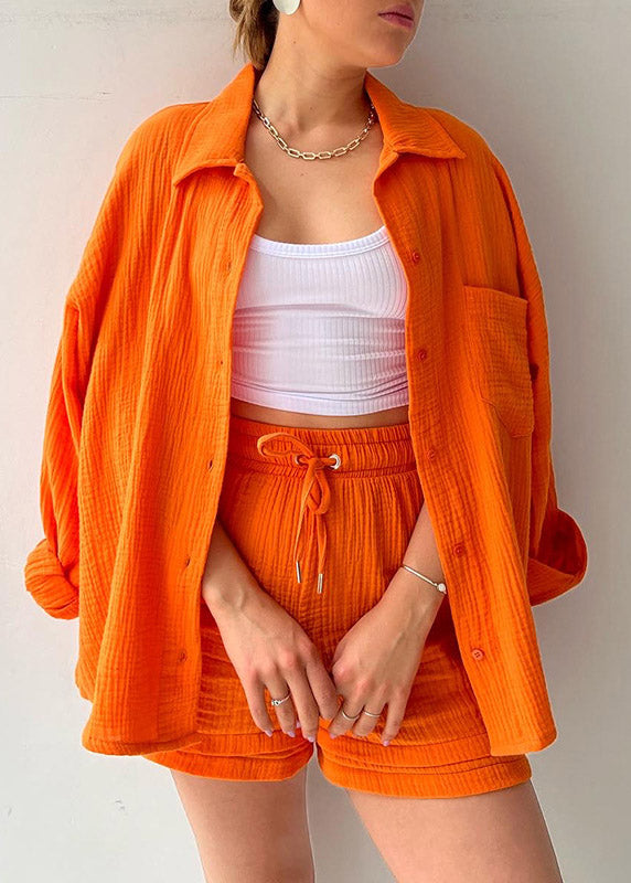 Orange Peter Pan Collar Shirts Vests and Shorts Three Pieces Set Long Sleeve
