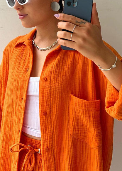 Orange Peter Pan Collar Shirts Vests and Shorts Three Pieces Set Long Sleeve