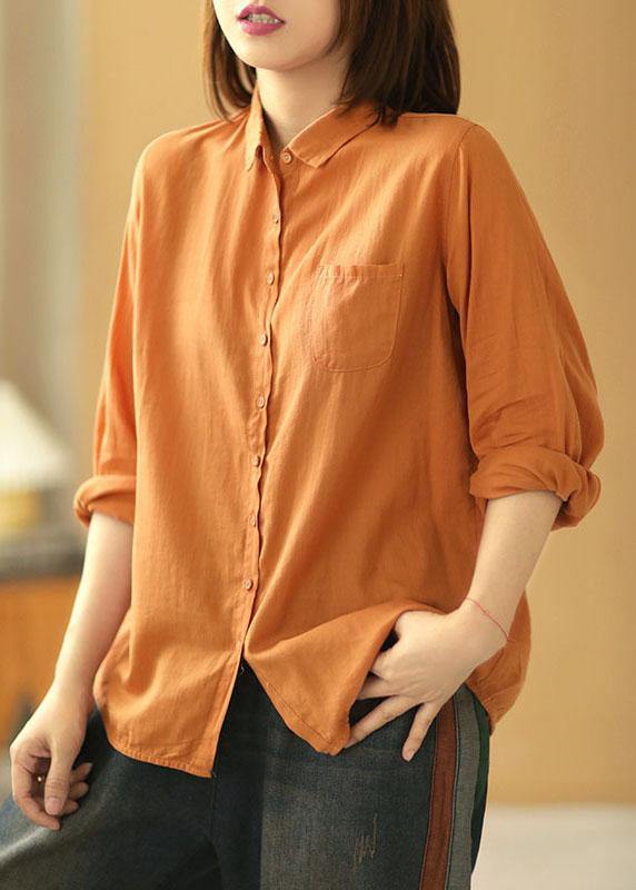 Casual Orange PeterPan Collar Button Pockets Fall Long Sleeve Blouse Top