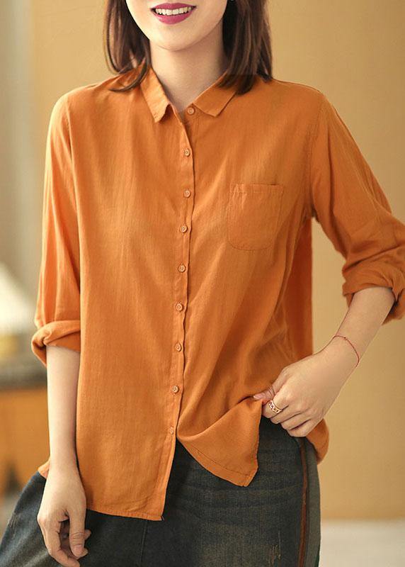 Casual Orange PeterPan Collar Button Pockets Fall Long Sleeve Blouse Top