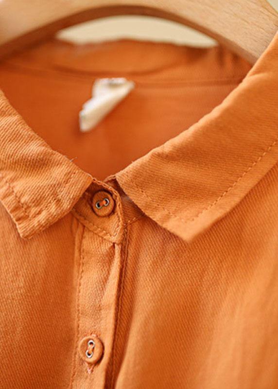 Casual Orange PeterPan Collar Button Pockets Fall Long Sleeve Blouse Top