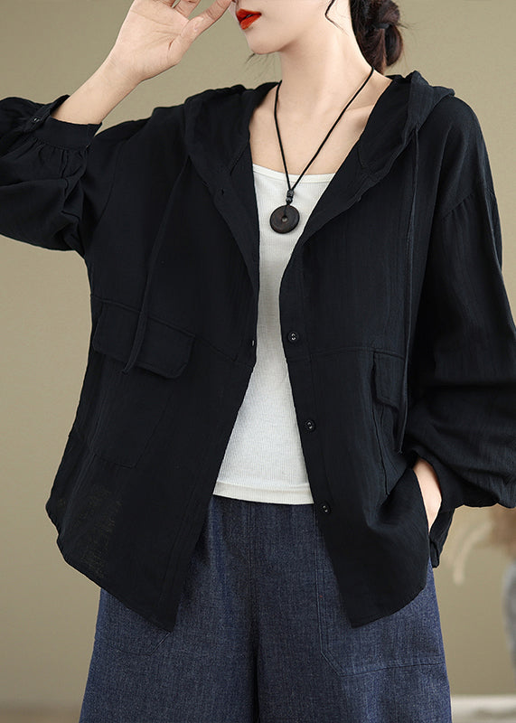 Orange Pockets Linen Hoodies Outwear Spring