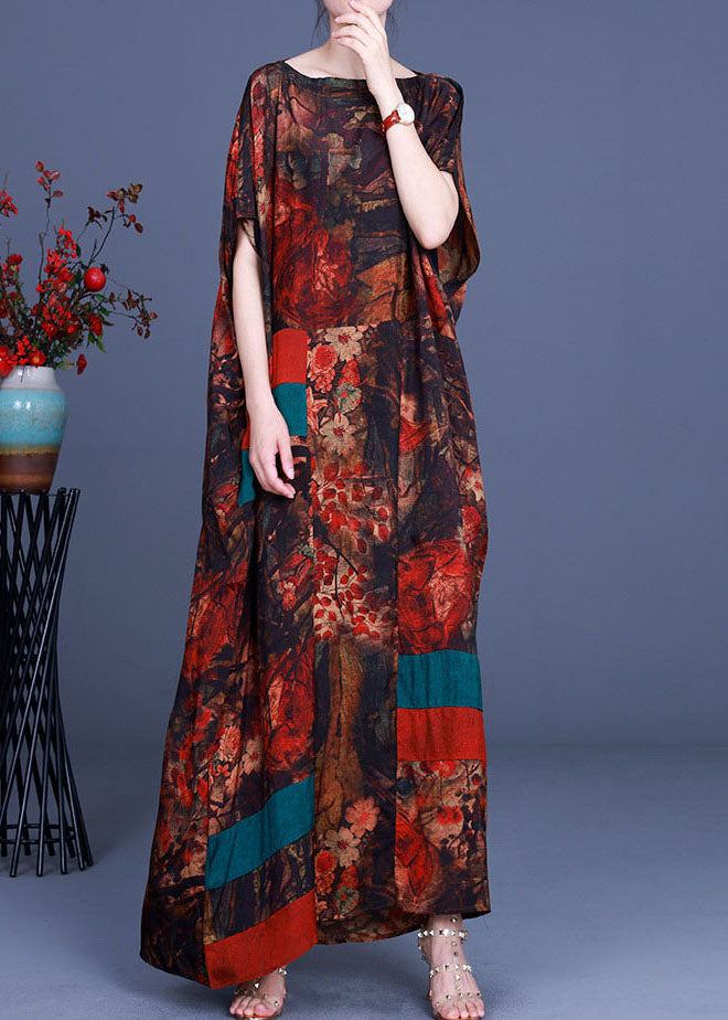 Orange Print Patchwork Asymmetrical Design Fall Maxi Dresses
