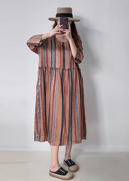 Orange Ruffled Striped Silk Holiday Dress Fall