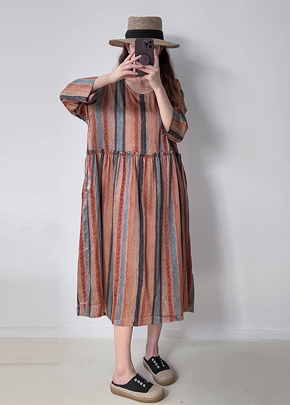 Orange Ruffled Striped Silk Holiday Dress Fall