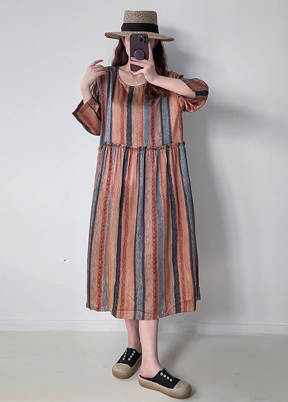 Orange Ruffled Striped Silk Holiday Dress Fall