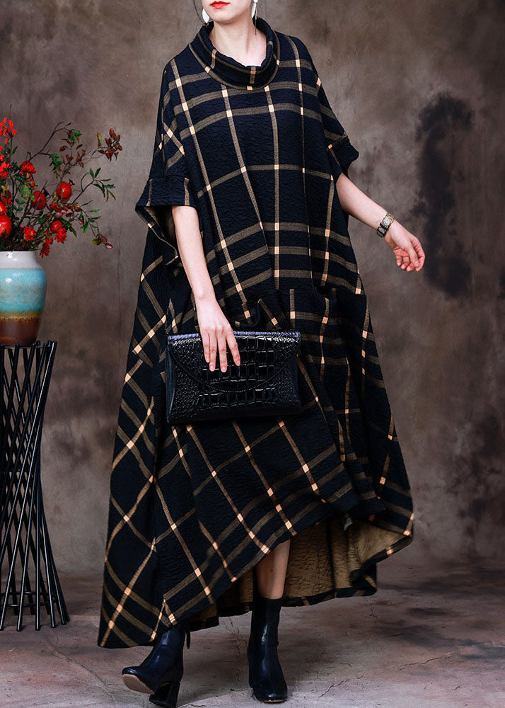 Orange Stand Collar Plaid Cotton Holiday Dress Short Sleeve