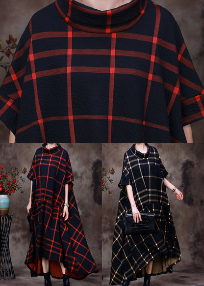 Orange Stand Collar Plaid Cotton Holiday Dress Short Sleeve