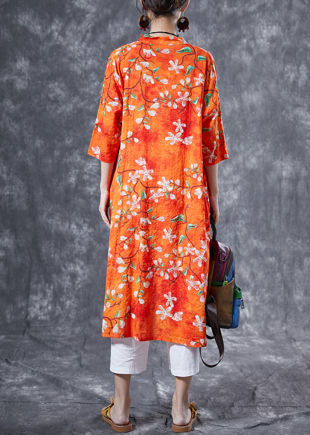 Orange Stand Collar Print Cotton Long Shirt Summer