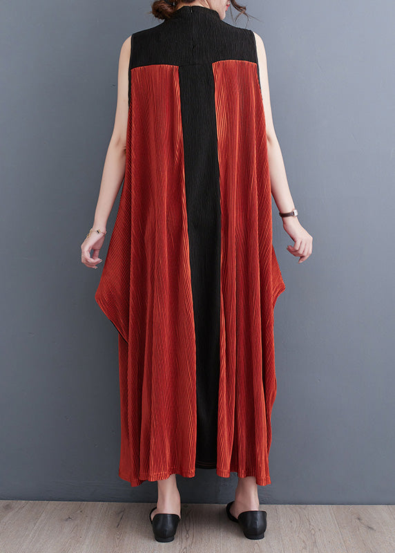 Orange Turtleneck Patchwork Wrinkled Maxi Dress Sleeveless
