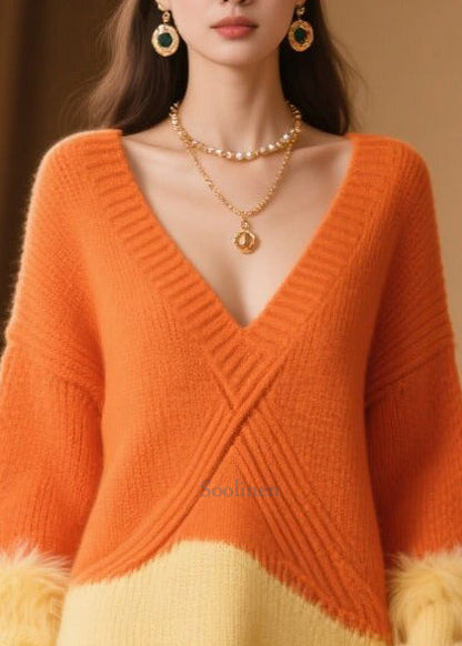 Orange V Neck Patchwork Faux Fur Knitwear Dress Winter