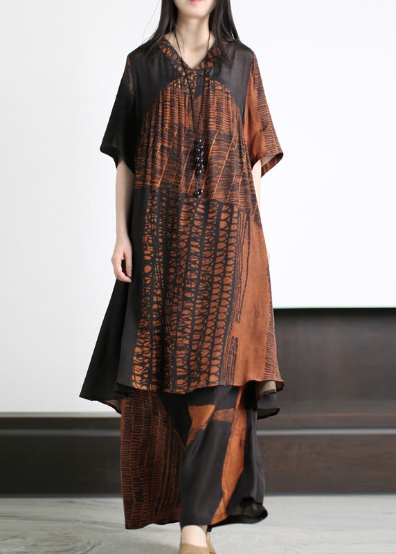 Orange V Neck Print Silk Long Top and Wide Leg Pants Two Pieces Set Summer
