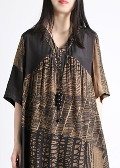 Orange V Neck Print Silk Long Top and Wide Leg Pants Two Pieces Set Summer