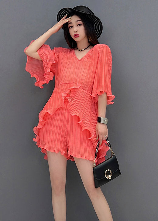 Orange V Neck Silk Top and Shorts Two Pieces Set Summer