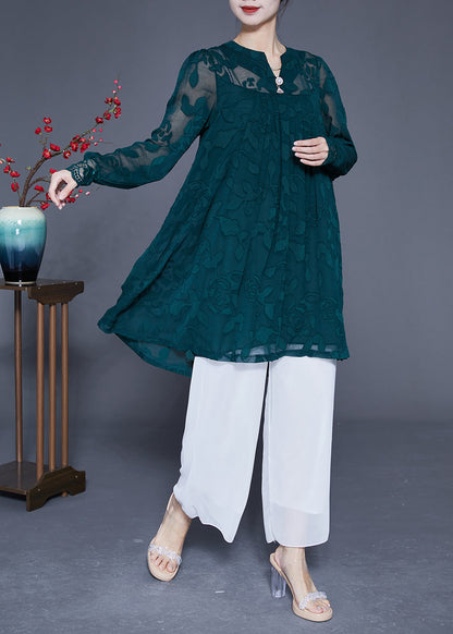 Peacock Green Jacquard Hollow Out Tulle Dress Long Sleeve