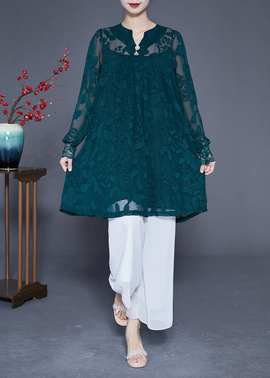 Peacock Green Jacquard Hollow Out Tulle Dress Long Sleeve