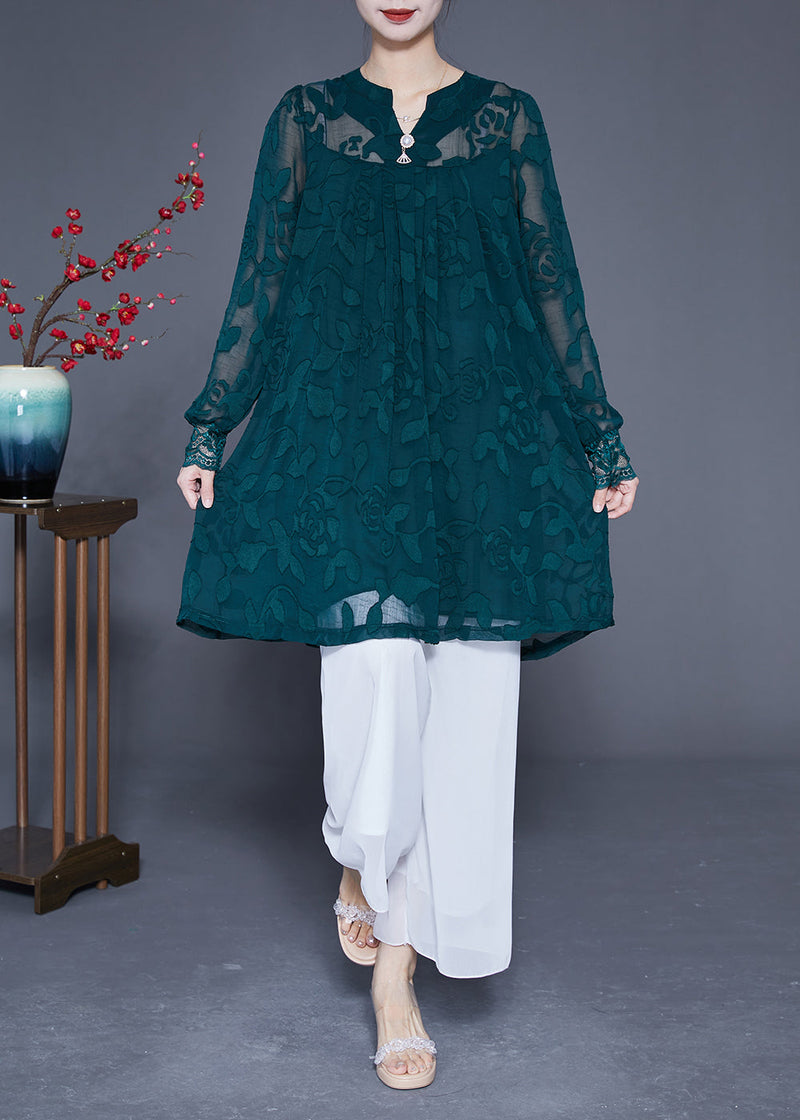 Peacock Green Jacquard Hollow Out Tulle Dress Long Sleeve