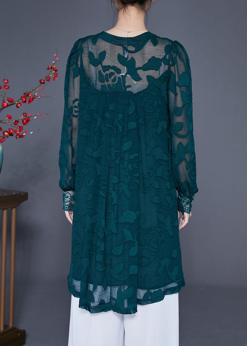 Peacock Green Jacquard Hollow Out Tulle Dress Long Sleeve