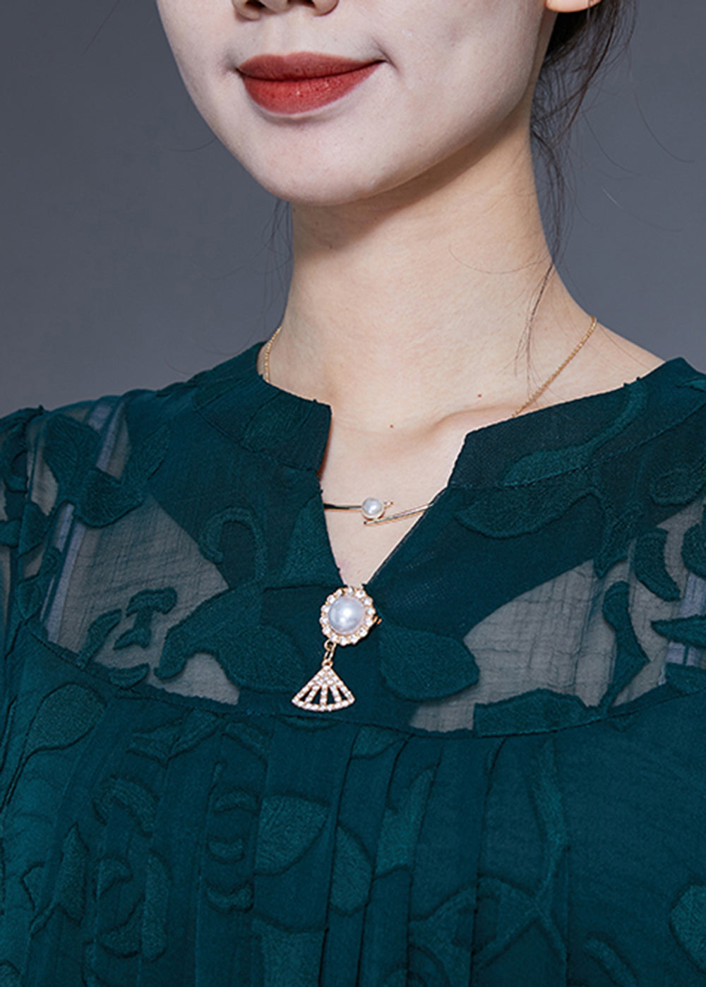 Peacock Green Jacquard Hollow Out Tulle Dress Long Sleeve