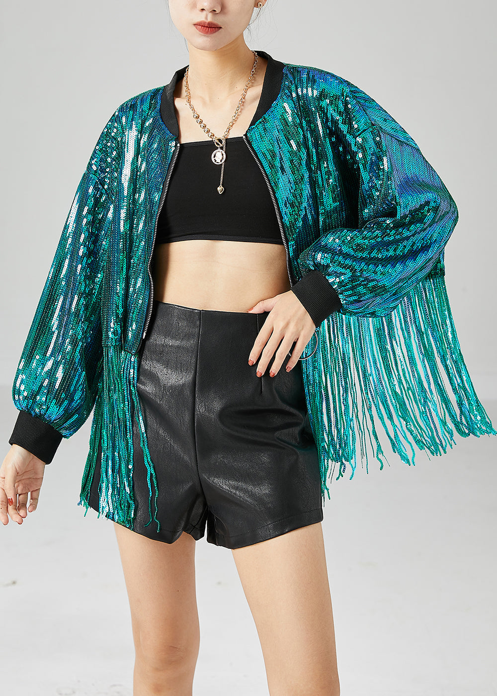 Peacock Green Tasseled Sequins Jackets Summer
