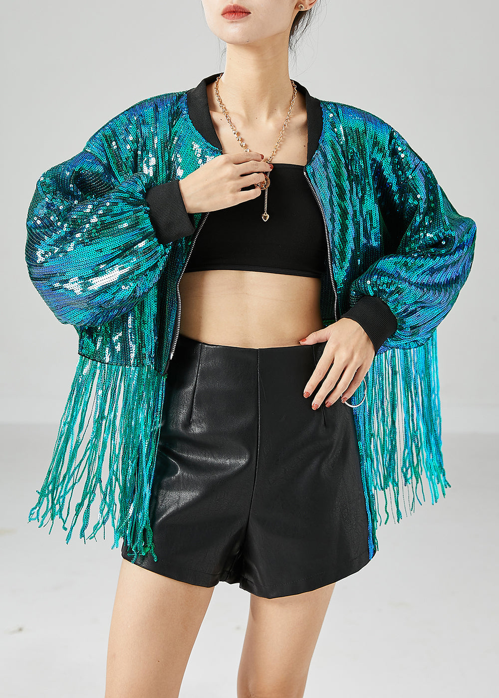 Peacock Green Tasseled Sequins Jackets Summer