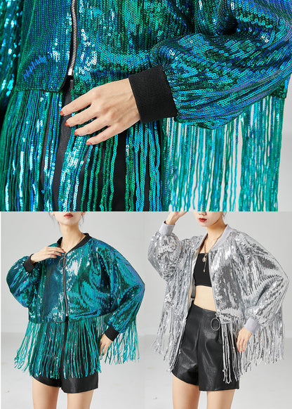 Peacock Green Tasseled Sequins Jackets Summer