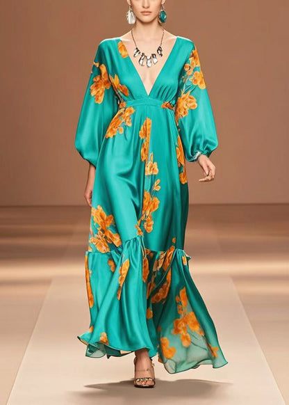 Peacock Green V Neck Print Silk Dresses Spring
