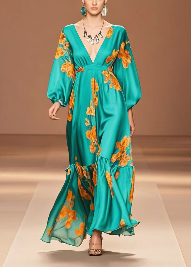 Peacock Green V Neck Print Silk Dresses Spring