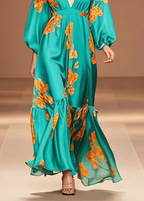 Peacock Green V Neck Print Silk Dresses Spring