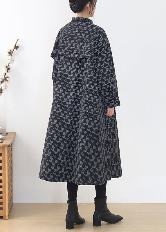 Peter Pan Collar Alphabet Print Button Pockets Cotton Parka Long Sleeve