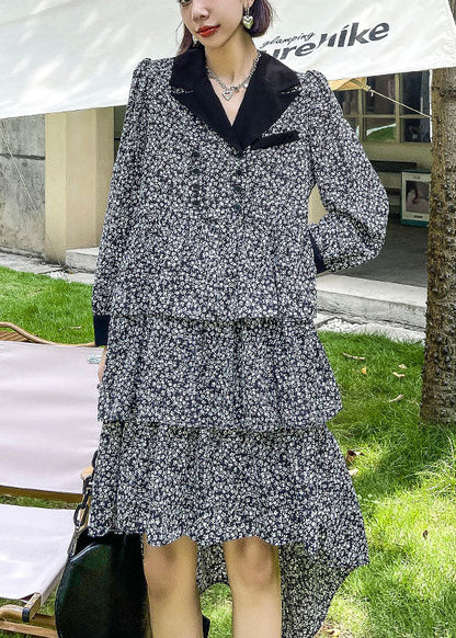 Peter Pan Collar Print Button Fall Party Dress Long Sleeve