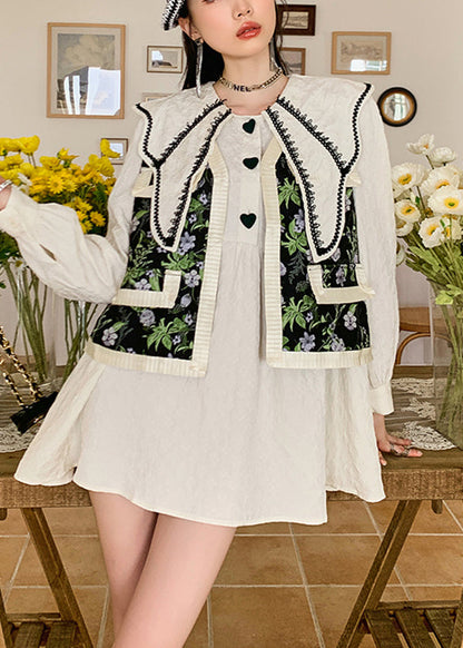 Peter Pan Collar Print Button Mid Dress Long Sleeve