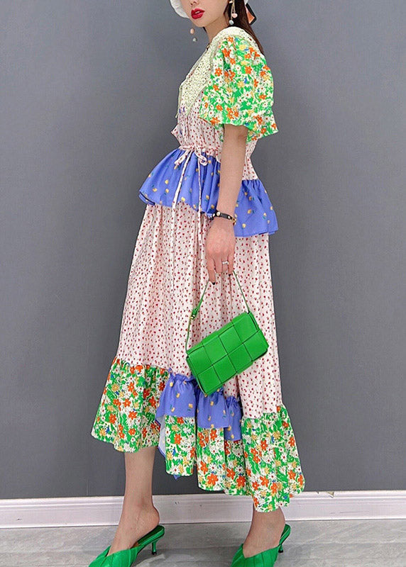 Peter Pan Collar Print Button Ruffles Tie Waist Dresses Short Sleeve