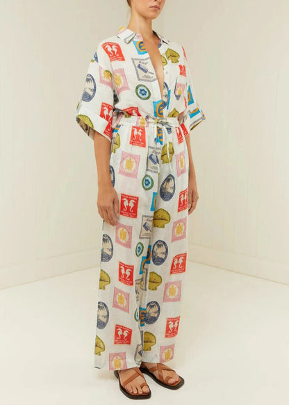 Peter Pan Collar Print Tops and Pants Two Piece Set Outfits Summer