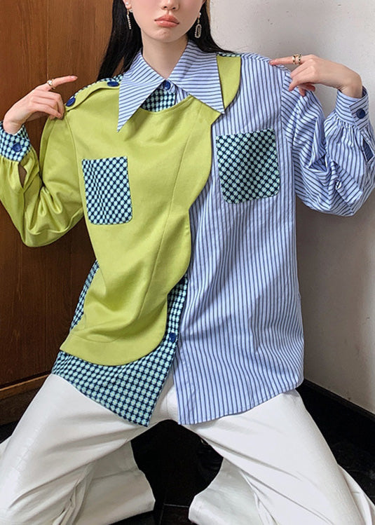 Peter Pan Collar Striped Patchwork Button Shirts Spring