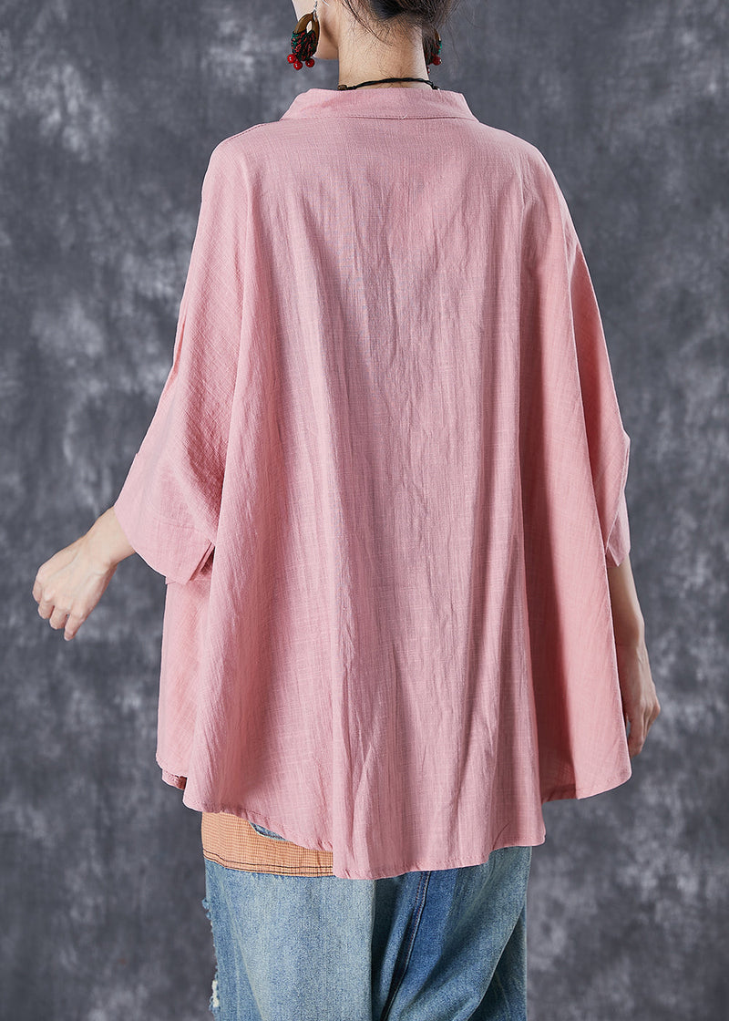 Pink Button Down Pockets Linen Blouses Batwing Sleeve