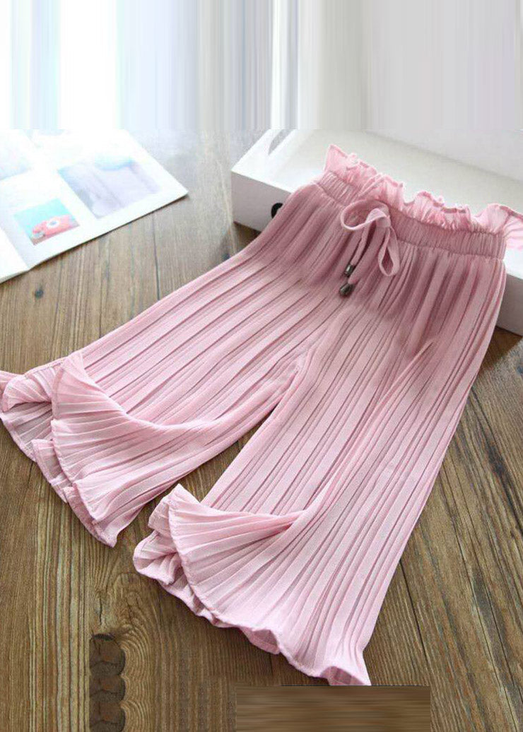 Pink Elastic Waist Kids Ice Silk Crop Pants Summer