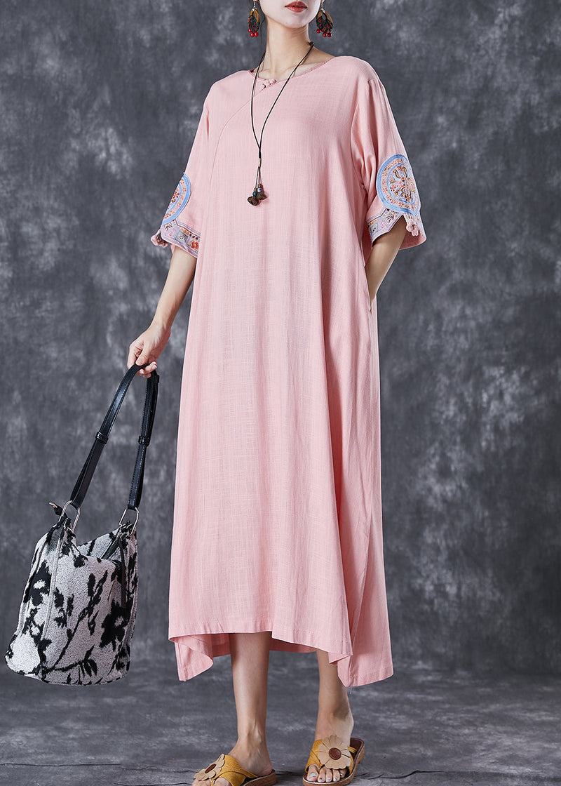Pink Embroideried Linen a Line Dress Half Sleeve