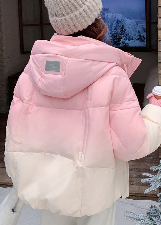 Pink Gradient Color Hooded Zippered Duck Down Coats Winter